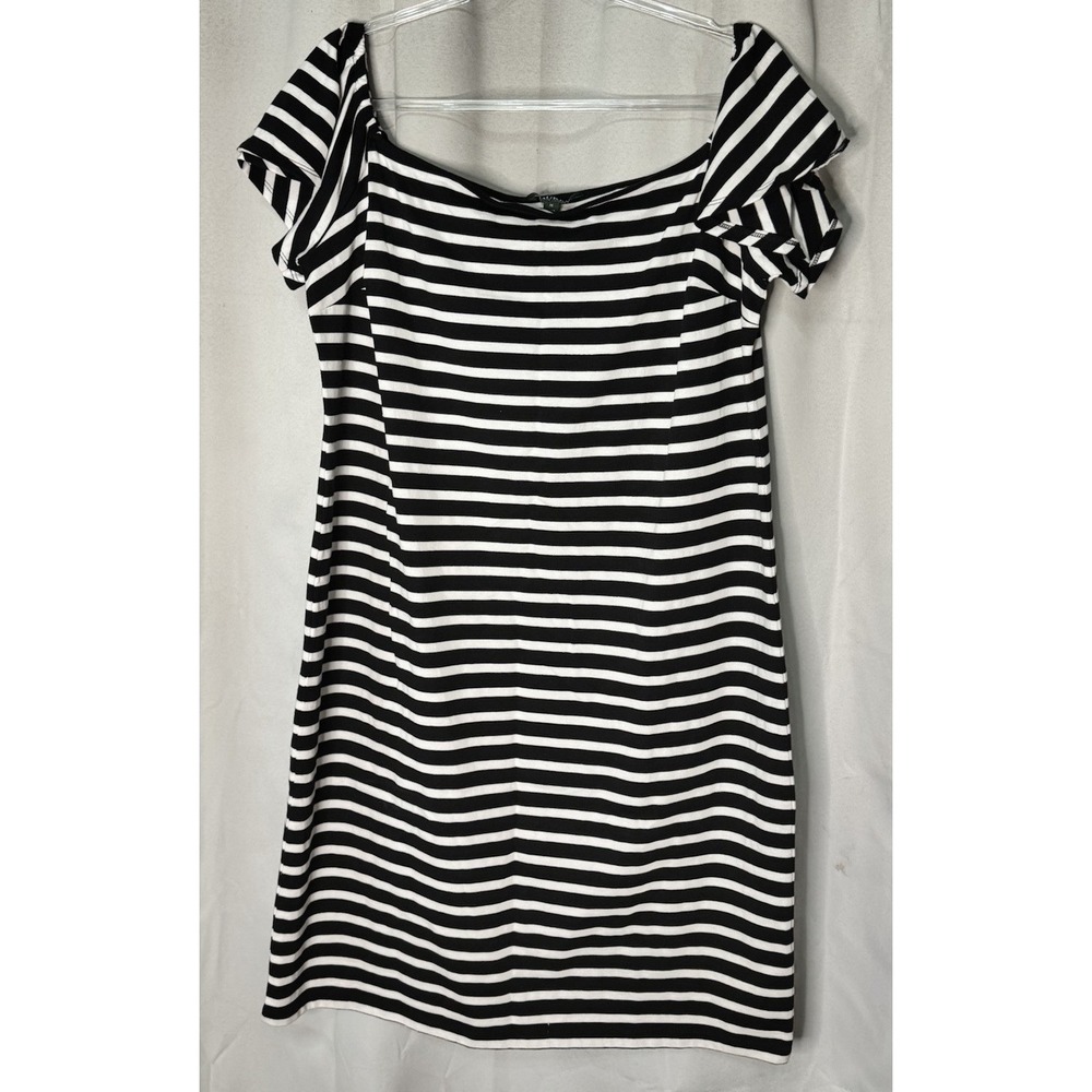 Lauren Ralph Lauren Black White Striped Knit Shift Dress 1X Scoop Neck Ruffle